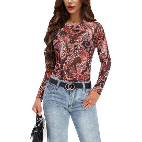 🆕Women Brown Floral Polyester Mesh Top  Crew  Neck Long Sleeve  See-Through Tee - Picture 6 of 6